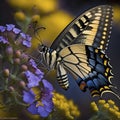 A close-up of a swallowtail butterfly hovering over a flower