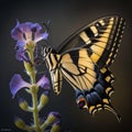 A close-up of a swallowtail butterfly hovering over a flower
