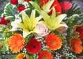 Sweet colorful bouquet blooming , fresh muti colored flowers roses ,lilly and chrysanthemum for Valentines day background