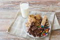 Close up of sweet food and milk glass on table Royalty Free Stock Photo