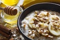Close up of sweet homemade oatmeal porridge. healthy breakfast Royalty Free Stock Photo