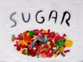 Close up of of sweet multicolor candies in unhealthy food containing lots of sugar Royalty Free Stock Photo