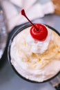 Close Up Sweet Refreshing Cherry Cola Topping With A Scoop Of Vanilla Ice Cream And Fresh Cherry