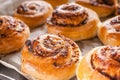 Close-up sweet Scadinavian aromatic cinnamon rolls. Traditional homemade pastry made from butter dough. Delicious buns on baking