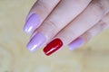 Close up sweet shiny baby violet and dark red colr gel polish painting on long square shape woman fingernail Royalty Free Stock Photo