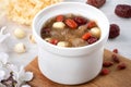 Close up of sweet snow white fungus soup with lotus seed, Chinese red dates and wolfberry Royalty Free Stock Photo