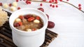 Close up of sweet snow white fungus soup with lotus seed, Chinese red dates and wolfberry Royalty Free Stock Photo