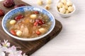 Close up of sweet snow white fungus soup with lotus seed, Chinese red dates and wolfberry Royalty Free Stock Photo