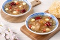 Close up of sweet snow white fungus soup with lotus seed, Chinese red dates and wolfberry Royalty Free Stock Photo