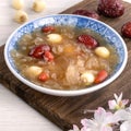 Close up of sweet snow white fungus soup with lotus seed, Chinese red dates and wolfberry Royalty Free Stock Photo