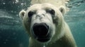 Close-up of a swimming polar bear underwater looking at the camera