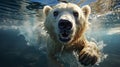 Close-up of a swimming polar bear underwater looking at the camera. Generative Ai