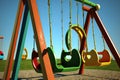 close-up of swing set with empty swings swaying in the breeze