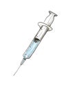 Close up of syringe drawing up blue liquid from medical vial on yellow background drawing a syringe with a blue liquid