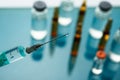 Close up Syringe needle medicine with liquid medicine drop Royalty Free Stock Photo