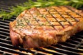 close-up of a t-bone steak grilling, showing texture and juiciness
