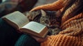 A Close-Up of a Tabby Cat Resting on a Person\'s Lap While They Read a Book Royalty Free Stock Photo