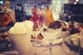 Close up of table appointments at a formal dinner party. Stemwares on a festive beautifully decorated wedding table. Empty clear Royalty Free Stock Photo