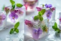 A close up of a table with a bunch of ice cubes and flowers. edible flower Royalty Free Stock Photo
