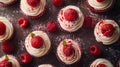 A close up of a table with cupcakes and raspberries on it, AI
