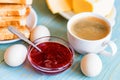 Breakfast with coffee, eggs, toasts, cheese, jam Royalty Free Stock Photo