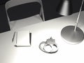 Table with switched-on lamp, handcuffs and paper sheet, 3d rendering.