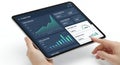 Tablet Displaying Financial Data in Hand on Isolated White Background Featuring Graphic Charts Financial Analysis Investment Royalty Free Stock Photo