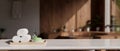 Close-up, Tabletop with copy space over blurred beautiful wooden Onsen room with wooden bath Royalty Free Stock Photo