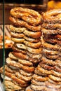 Close up of tacked pretzels dipped in lye with grains in Royalty Free Stock Photo