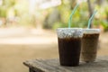 Close up of take away plastic cup of iced black coffee Americano and Iced coffee latte on wooden table with green nature and Royalty Free Stock Photo