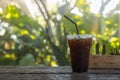 Close up of take away plastic cup of iced black coffee Americano under sunlight on wooden table in garden with green leaf nature Royalty Free Stock Photo