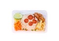 Take away set of thai food top view Shrimp Paste Fried Rice in black plastic box isolated on white background clipping path