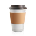 Close up take-out coffee with brown cap and cup holder. on white background.