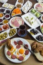Traditional Large Turkish Breakfast is on wooden table. Royalty Free Stock Photo