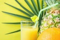 Close up of Tall Glass with Freshly Pressed Pineapple Orange Coconut Juice Straw and Small Flower. Round Palm Tree Leaf on Yellow Royalty Free Stock Photo