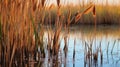 Close-up of tall Reeds growing at the edge of a river. Generative AI