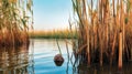 Close-up of tall Reeds growing at the edge of a river. Generative AI