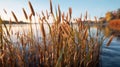 Close-up of tall Reeds growing at the edge of a river. Generative AI