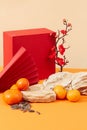 close up of tangerines are placed around the stone platform, a red paper fan, a gift box, sunflower seeds and a peach blossom