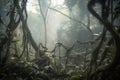 close-up of tangle of vines in smoky jungle