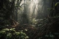 close-up of tangle of vines in smoky jungle Royalty Free Stock Photo