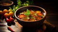 Close up of tangy rasam with tamarind