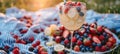 Close up of tantalizing appetizers and chilled lemonade on picnic table, a refreshing sight