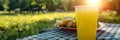 Close up of tantalizing dishes and cold lemonade on picnic table for a delightful outdoor meal