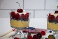 Close-up of Tapioca Parfait with Raspberry, Blueberry with whipped cream and a Cherry on Top.