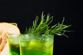 Close-up of a tarragon drink. A glass of green alcoholic lime cocktail. Cold herbal drink and sweet melon on a black background. Royalty Free Stock Photo