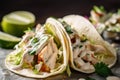 Close-up of Tasty and Authentic Fish Tacos with Creamy Sauce and Lime Wedges Royalty Free Stock Photo