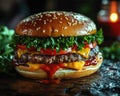 close-up of a tasty cheeseburger with meat, cheese and sauce dripping from it