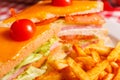 Close up Tasty grilled sandwich in the restaurant. Club sandwich with ham, tomato, cheese and lettuce. Served with Royalty Free Stock Photo