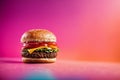 Close up of tasty hamburger on pink background with copy space